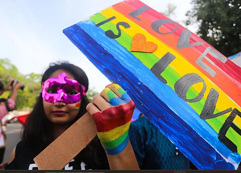 A pride-goer holding a placard