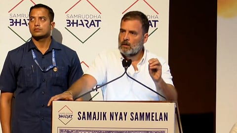Rahul Gandhi addressing Samajik Nyay Sammelan in New Delhi on April 24.