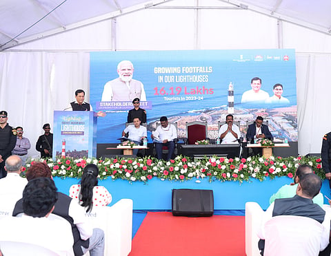 Union Minister of Ports, Shipping, and Waterways Sarbananda Sonowal promoting lighthouse tourism with stakeholders at the wonderful Vizhinjam Lighthouse in Kerala on Thursday.