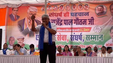 Rajendra Pal Gautam marks his first year as AICC SC Chair with a fierce speech defending the Constitution, Bahujan rights, and slamming BJP policies.