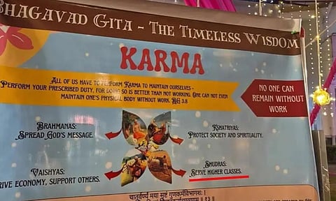A poster titled "Bhagavad Gita – The Timeless Wisdom" was put up outside the institute's auditorium. The display categorized society into four varnas based on the Gita, listing the duties of Brahmanas, Kshatriyas, and Vaishyas, while explicitly stating that the role of Shudras was to "serve higher classes".