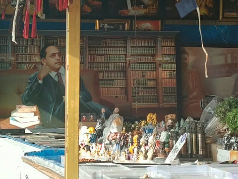 A souvenir-cum-book stall at Chaitya Bhoomi, Dadar, Maharashtra, offering books and memorabilia to visitors.