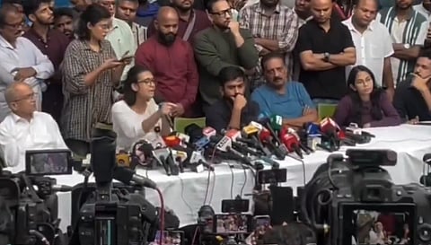 Neha Bora addresses the media at the Press Club in New Delhi on Thursday alongside Abhijeet Dipke, Supreme Court advocate Prashant Bhushan; actor and activist Prakash Raj; and Aishe Ghosh of SFI.