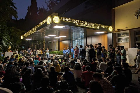 Students gather in protest outside the administrative block at EFLU, Hyderabad.