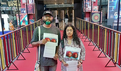 Sreenath and Archana Ravi with their protest kit against 'The Kerala Story' at IFFI Goa