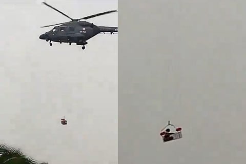 Pregnant woman being airlifted by the Indian Air Force.