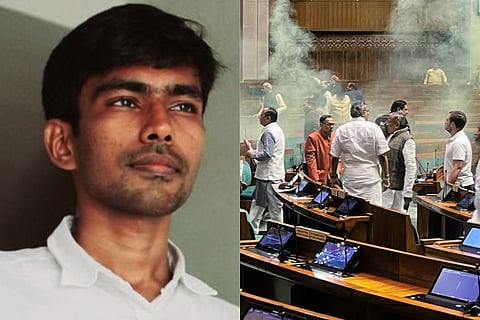 Pravinraj (on left); Parliament security breach (on right)
