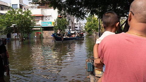 Rescue boat with stranded residents during 2023 Chennai floods