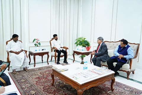Telangana Chief Minister A Revanth Reddy in a meeting with NITI Aayog's Vice-Chairman Suman Kumar Bery.