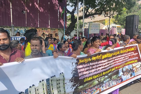 Residents of Ramadoss nagar in Old Washermenpet Chennai, protesting against down-payments for housing by the Tamil Nadu Urban Habitat Development Board.