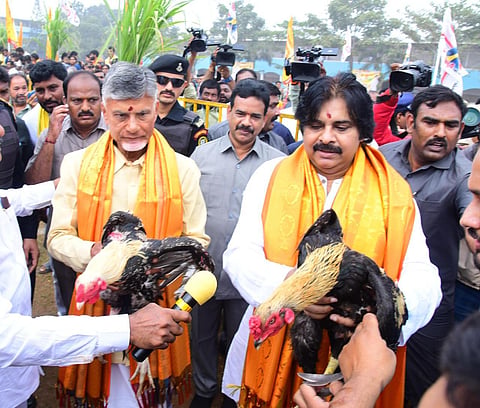 Telugu Desam Party (TDP) chief Chandrababu Naidu and Jana Sena Party (JSP) chief Pawan Kalyan participated at Sankranti festivities held jointly by both the parties