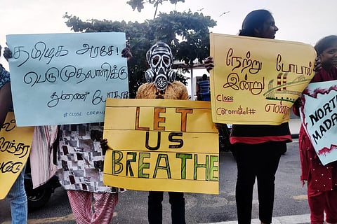 Ennore's residents protesting at Besant Nagar beach