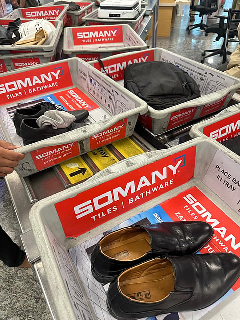 Shoes kept on trays at Bengaluru airport