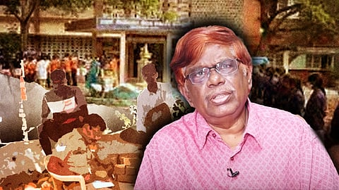 Designed image of Justice Chandru against the backdrop of a college