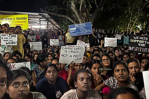 Students protesting outside the girls hostel on NIT campus in Trichy.