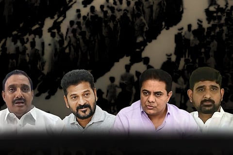 From Left to Right: Arekapudi Gandhi, CM Revanth Reddy, KT Rama Rao and Padi Kaushik Reddy.