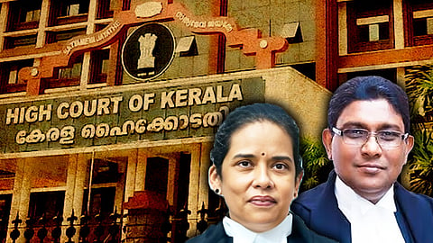 Justices AK Jayasankaran Nambiar and CS Sudha against the backdrop of Kerala high court