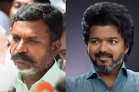 (L) VCK president and Chidambram MP Thol Thirumavalavan (R) Actor and TVK president Vijay. Thirumavalavan is wearing a pale green shirt and speaking at a mic. Several people can be seen behind him. Vijay is in a blue shirt and smiling