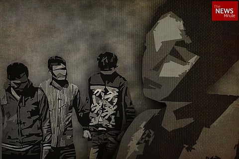 Abstract illustration of three men with masked faces on the left, and a distressed silhouette of a woman on the right