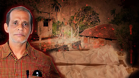 A serious-looking middle-aged man in the foreground. The background shows an old house and trees. Red glowing specks add an eerie tone. In the lower right corner, two covered bodies lie on wooden platforms, suggesting a crime or tragedy.