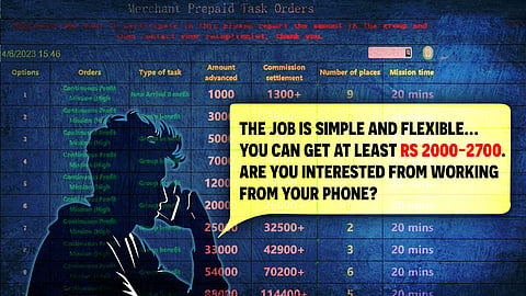 A man is seen talking on the phone, asking if the person at the other end of the line would like like a job. In the background is a screen with numbers