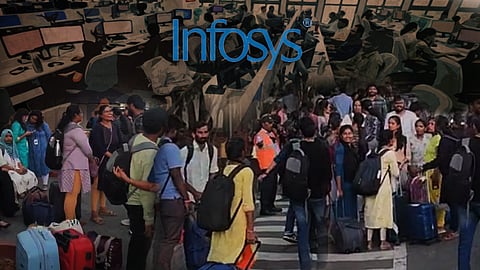 The image is a composite showing an Infosys office with multiple computer workstations and the company’s logo, blended with a scene of young professionals carrying luggage outside. It visually represents layoffs, with employees standing on the road after being let go.
