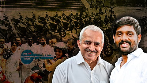 A digitally edited collage featuring Ananthu Krishnan and Anand Kumar, both wearing white shirts and smiling in the foreground. The background shows a group of people handing over a large symbolic key with 'TVS SV Automotives Pvt. Ltd.
