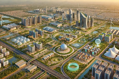 A futuristic city with IT parks, Fin-Tech trade zones, research and development centres,
high-tech companies, banking and insurance firms, shopping complexes, trade centres, and conference halls, along with educational and healthcare facilities provided by both public and private sector institutions.