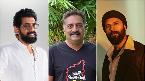 The image is a collage of three men placed side by side. The man on the left, Rana Daggubati, has a thick beard, curly hair, and glasses, wearing a white traditional kurta with a smile. The center man, Prakash Raj, has salt-and-pepper hair, a mustache, and is dressed in a black T-shirt with a red and yellow graphic design in a regional Indian script, standing outdoors with green foliage behind him. The man on the right, Vijay Deverakonda, has a thick beard, wears a black beanie, and is dressed in a black suit with a beige open-collared shirt, under warm, moody lighting.