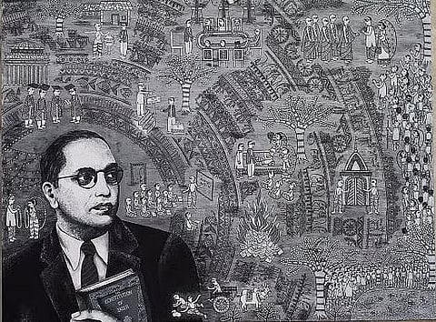 A painting depicting BR Ambedkar's life in the Madhubani style by artist Malvika Raj. It was presented to the University of Edinburgh in 2016, on the occasion of Ambedkar’s 125th birth anniversary.