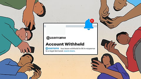 Image featuring an illustration of people looking at their devices with a screenshot of X’s ‘account withheld’ notice.
