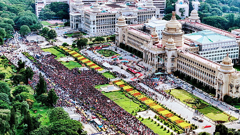 Crowds gathered in front of Vidhana Soudha in Bengaluru for RCB win celebrations.