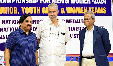 K Govindaraj with A Shankar, KSCA Secretary and B Dayananda at an event in December 2024.