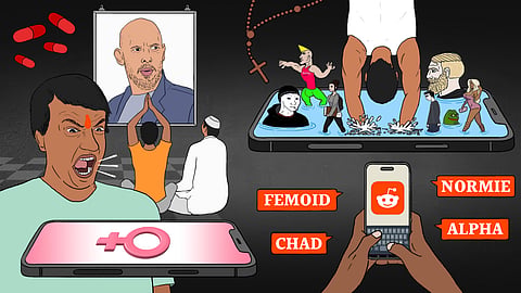 Illustration depicting the Indian manosphere and its links to online misogyny and radicalisation. A man with a saffron tilak yells at a phone displaying a female gender symbol. Others, including a Muslim man and a Hindu man, sit cross-legged worshipping a portrait of a bald man resembling Andrew Tate. Red pills, religious symbols like a cross and tasbih, and characters from internet meme culture (e.g., Wojak, Chad, Pepe) are seen emerging from smartphones. Labels like “FEMOID,” “CHAD,” “NORMIE,” and “ALPHA” float around, and a person types on Reddit. The image represents the convergence of faith, internet subcultures, and misogynistic ideologies.