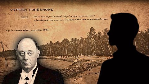 Collage of Vypeen foreshore after the 1921 monsoon with coconut trees and stone groynes. Foreground shows a portrait of an elderly man on the left and a dark silhouette on the right.