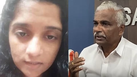 A split image showing Sangeetha P.V. on the left, speaking in a video, and her father, CPI(M) leader P.V. Bhaskaran, on the right during a press conference.