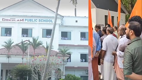 People holding saffron flags protest outside Sree Gokulam Public School in Kerala, while students watch from the school building’s windows.
