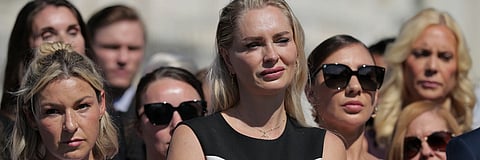 Survivors, including Anouska De Georgiou, center, during a news conference with victims of Jeffrey Epstein outside the U.S. Capitol on Sept. 3, 2025.
