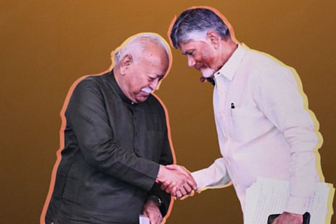 RSS chief Mohan Bhagwat and Andhra Pradesh Chief Minister Chandrababu Naidu shaking hands