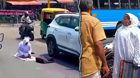 Image featuring T Aneesa performing namaz on a road in Palakkad