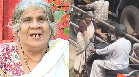 Image featuring Prabhavathi Amma on the left side and a screenshot of her stopping the vehicle on the right side