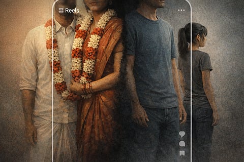 Symbolic illustration framed like an Instagram Reel, showing two contrasting stages of a relationship side by side to highlight how social media can romanticise age and power imbalances.