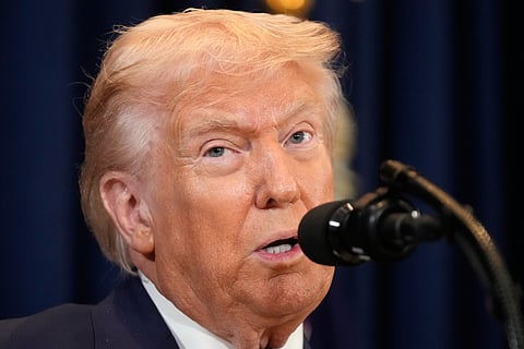 President Donald Trump speaks at a news conference, Monday, March 9, 2026, at Trump National Doral Miami in Doral, Fla.