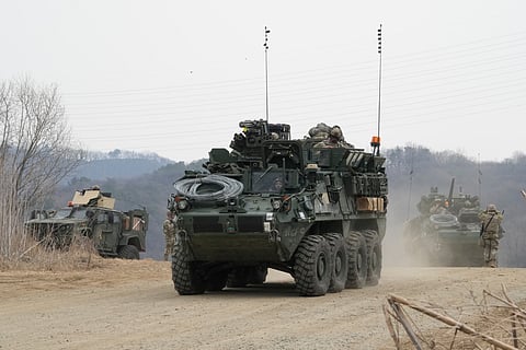 U.S. Army's armored vehicles move during a joint river-crossing exercise between South Korea and the United States as a part of the Freedom Shield military exercise in Yeoncheon, South Korea, Saturday, March 14, 2026.