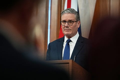Britain's Prime Minister Keir Starmer speaks during a press conference at Downing Street in London, Wednesday, April 1, 2026. (AP Photo/Frank Augstein, Pool)