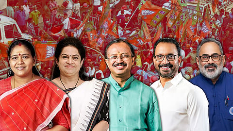 From left to right: Sobha Surendran, Padmaja Venugopal, V. Muraleedharan, K. Surendran and Rajeev Chandrasekhar, with a BJP rally crowd holding party flags in the background.