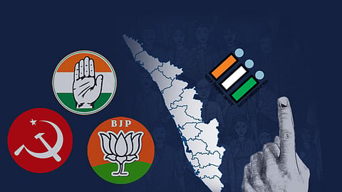 Illustration representing the Kerala Assembly elections, featuring the state map at the center, symbols of major political parties including Indian National Congress, Bharatiya Janata Party, and Communist Party of India (Marxist), alongside the Election Commission of India logo and a finger marked with indelible ink indicating voting.