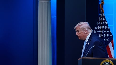 President Donald Trump departs after speaking with reporters during a news conference in the James Brady Press Briefing Room at the White House, Monday, April 6, 2026, in Washington. (AP Photo/Julia Demaree Nikhinson)