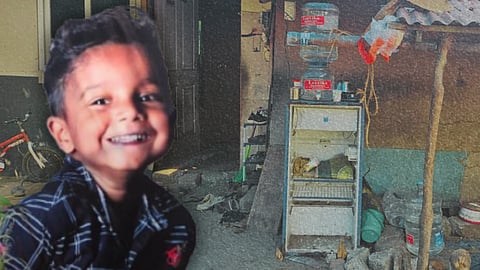 Collage of an eight-year-old boy smiling in the foreground, with the interior of his makeshift home in the background showing damaged walls, open gaps, and sparse belongings; he died after a snakebite inside the house.