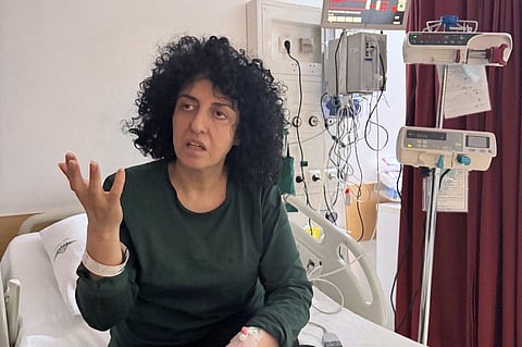 Prominent Iranian human rights activist Narges Mohammadi in a hospital in Tehran, Iran on May 10, 2026.